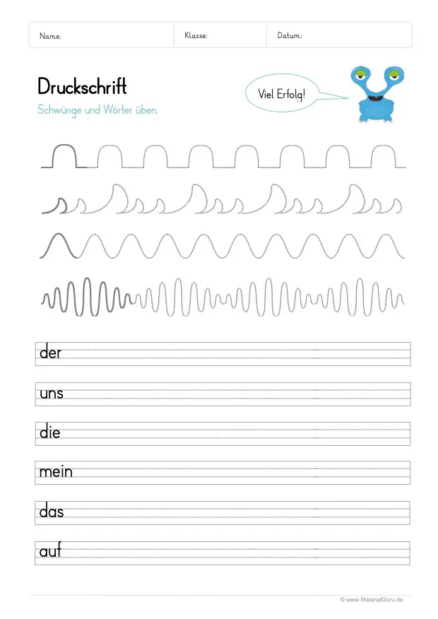 Arbeitsblatt: Übung zur Druckschrift mit Schwungübungen 01