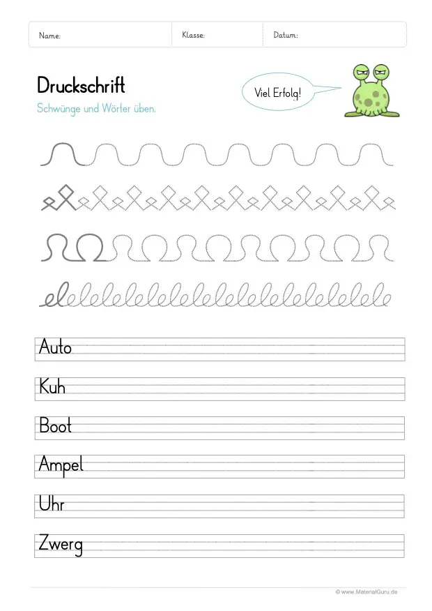 Arbeitsblatt: Übung zur Druckschrift mit Schwungübungen 02