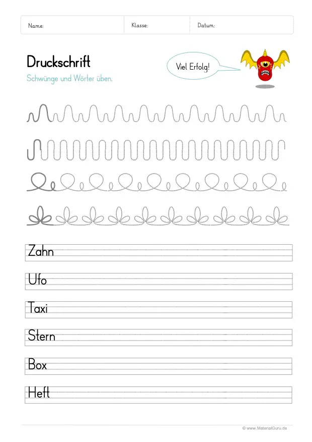 Arbeitsblatt: Übung zur Druckschrift mit Schwungübungen 03
