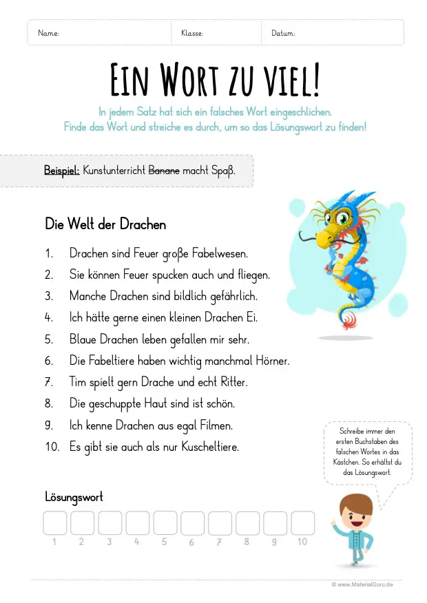 Arbeitsblatt: Ein Wort zu viel - Die Welt der Drachen