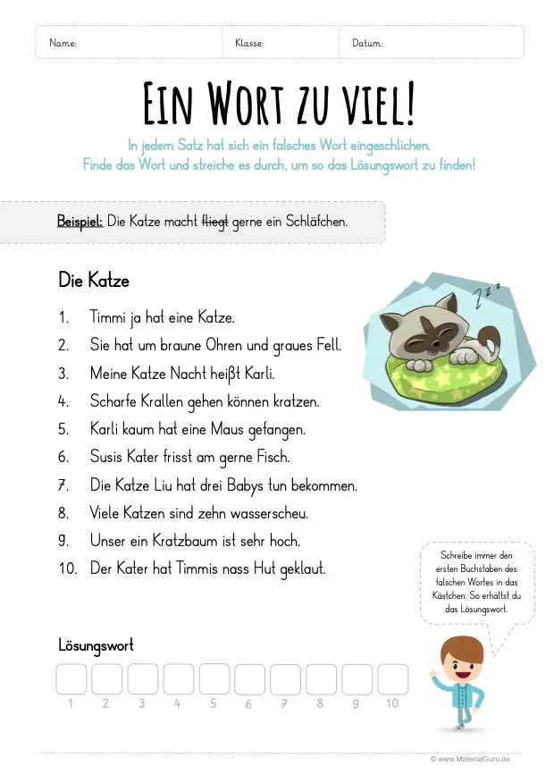 Arbeitsblatt: Ein Wort zu viel - Die Katze