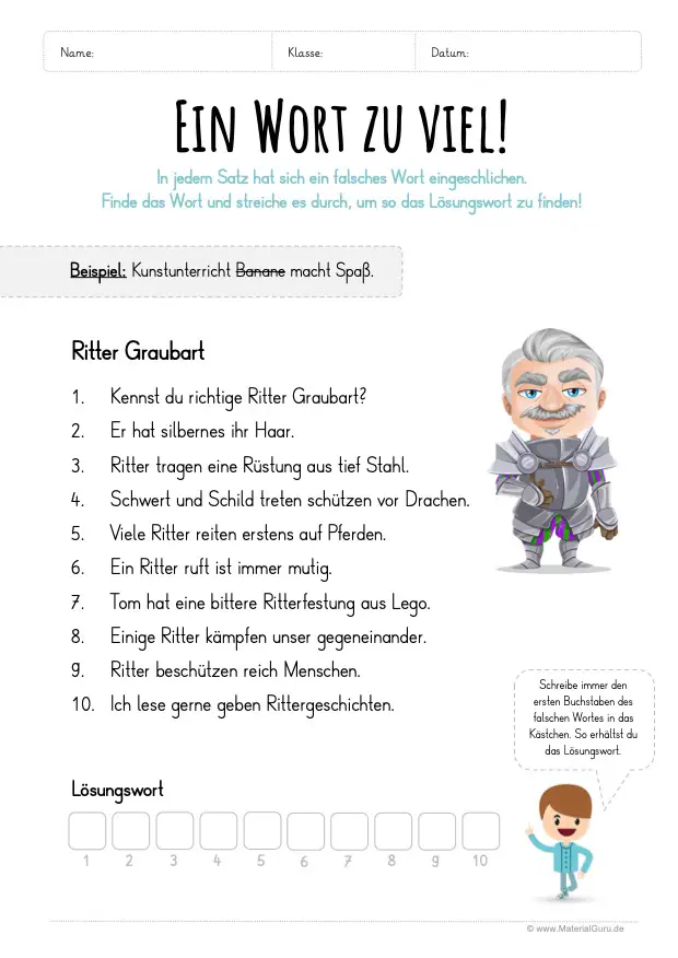 Arbeitsblatt: Ein Wort zu viel - Ritter Graubart