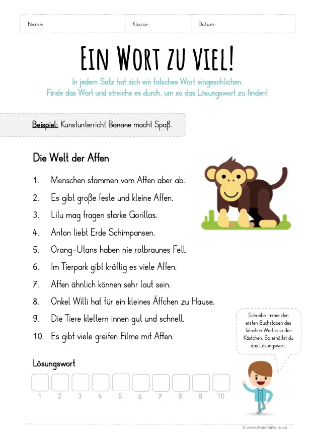 Arbeitsblatt: Ein Wort zu viel - Die Welt der Affen