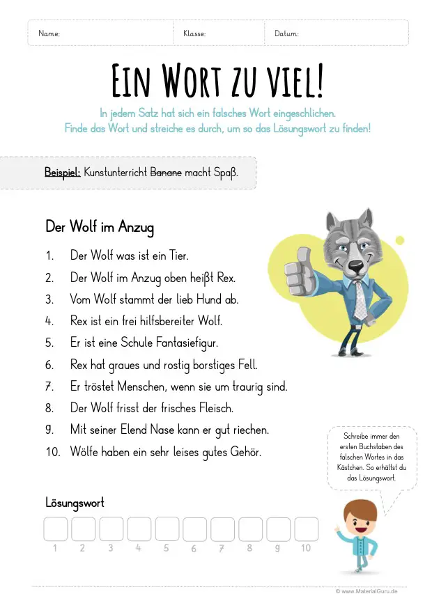Arbeitsblatt: Ein Wort zu viel - Der Wolf im Anzug