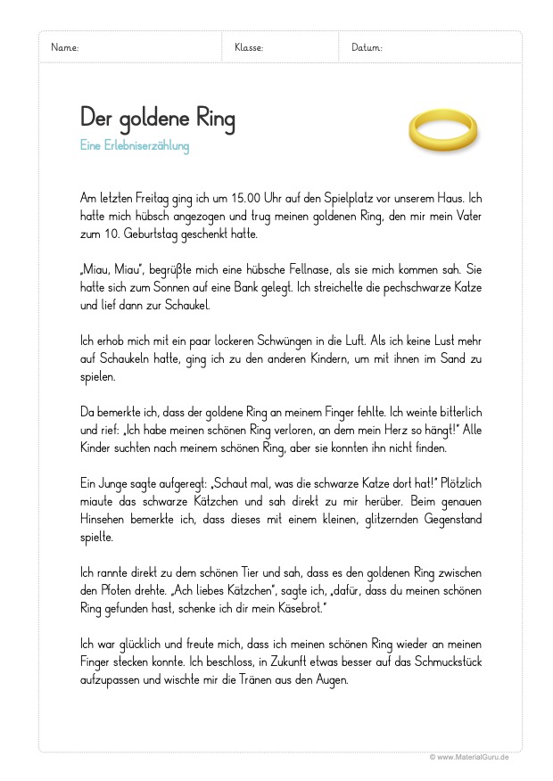 Arbeitsblatt: Beispiel Erlebniserzählung (mit Aufgaben) - Der goldene Ring