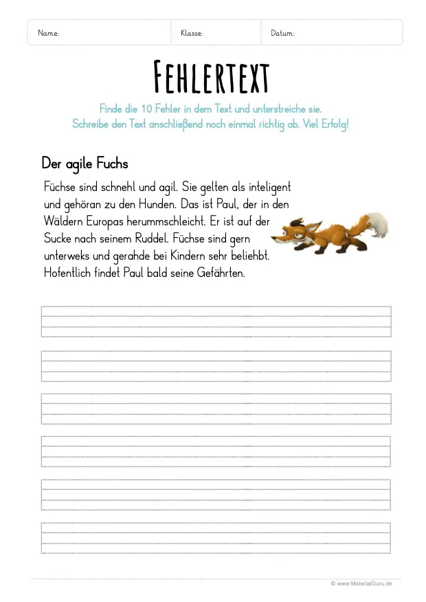 Arbeitsblatt: Kurzer Fehlertext - Der agile Fuchs