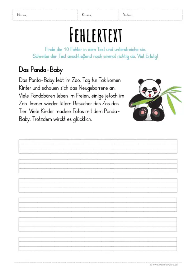 Arbeitsblatt: Kurzer Fehlertext - Das Panda-Baby