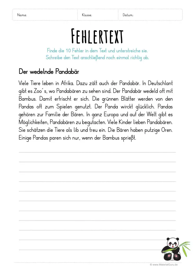 Arbeitsblatt: Langer Fehlertext - Der wedelnde Pandabär