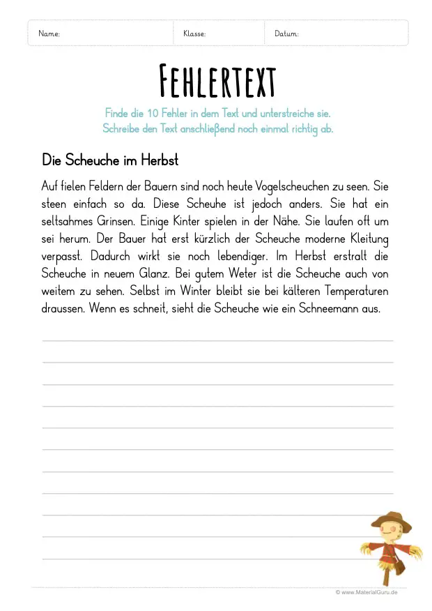 Arbeitsblatt: Langer Fehlertext - Die Scheuche im Herbst