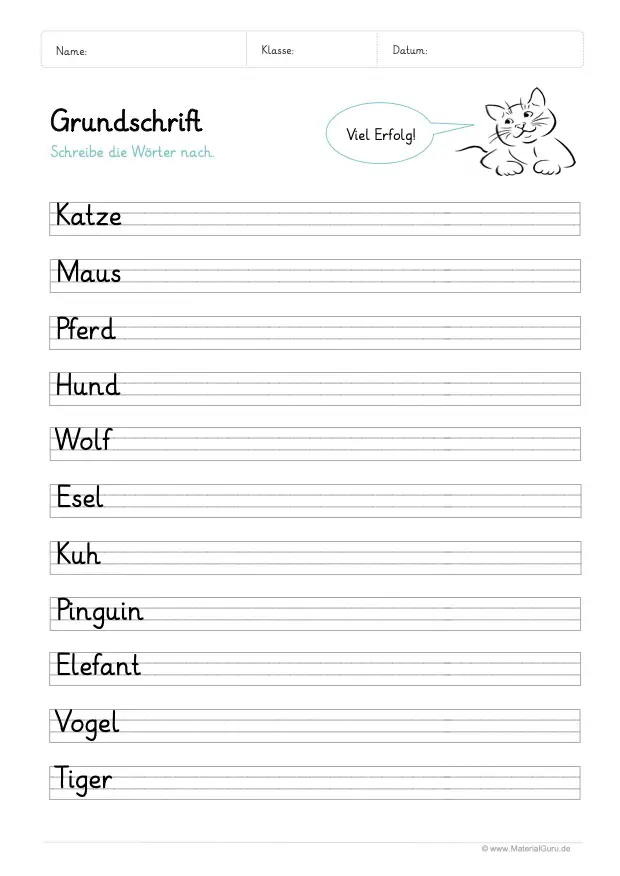 Arbeitsblatt: Grundschrift lernen - Einfache Wörter (Tiere)