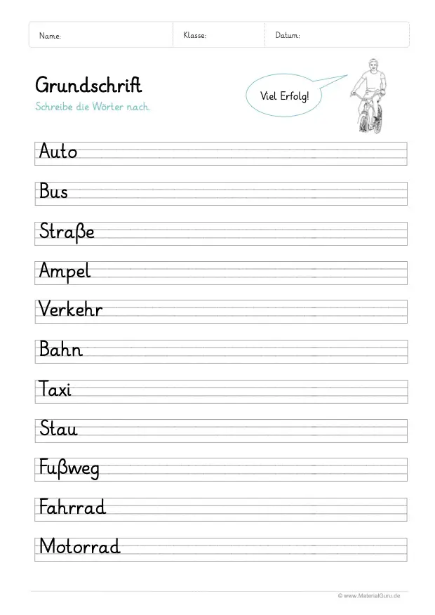 Arbeitsblatt: Grundschrift lernen - Einfache Wörter (Verkehr)
