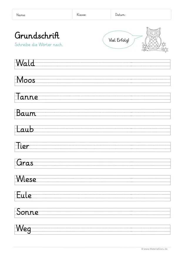 Arbeitsblatt: Grundschrift lernen - Einfache Wörter (Wald)