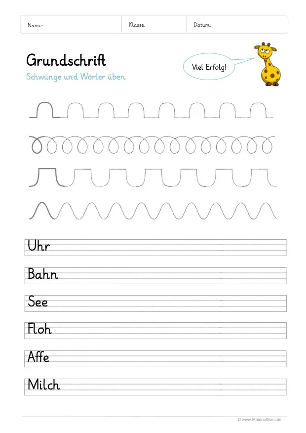 Arbeitsblatt: Übung zur Grundschrift mit Schwungübungen 02