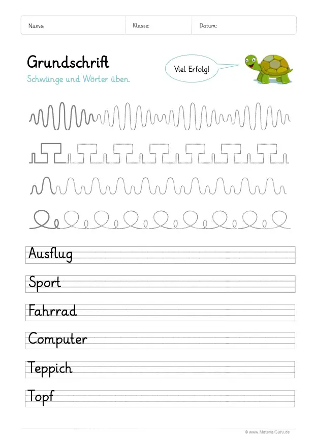 Arbeitsblatt: Übung zur Grundschrift mit Schwungübungen 03