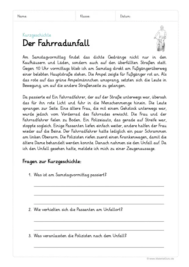 Arbeitsblatt: Beispiel Kurzgeschichte mit Fragen (Der Fahrradunfall)