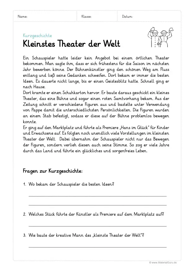 Arbeitsblatt: Beispiel Kurzgeschichte mit Fragen (Kleinstes Theater der Welt)