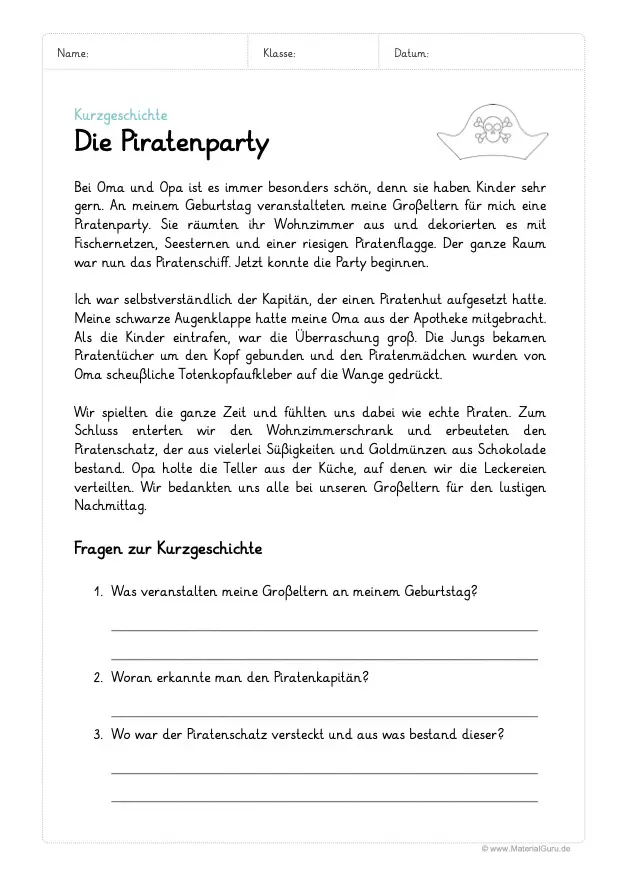 Arbeitsblatt: Kurzgeschichte mit Fragen - Die Piratenparty