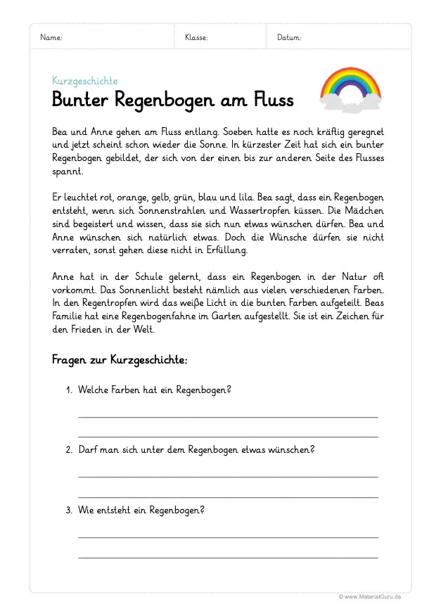 Arbeitsblatt: Kurzgeschichte mit Fragen - Bunter Regenbogen am Fluss