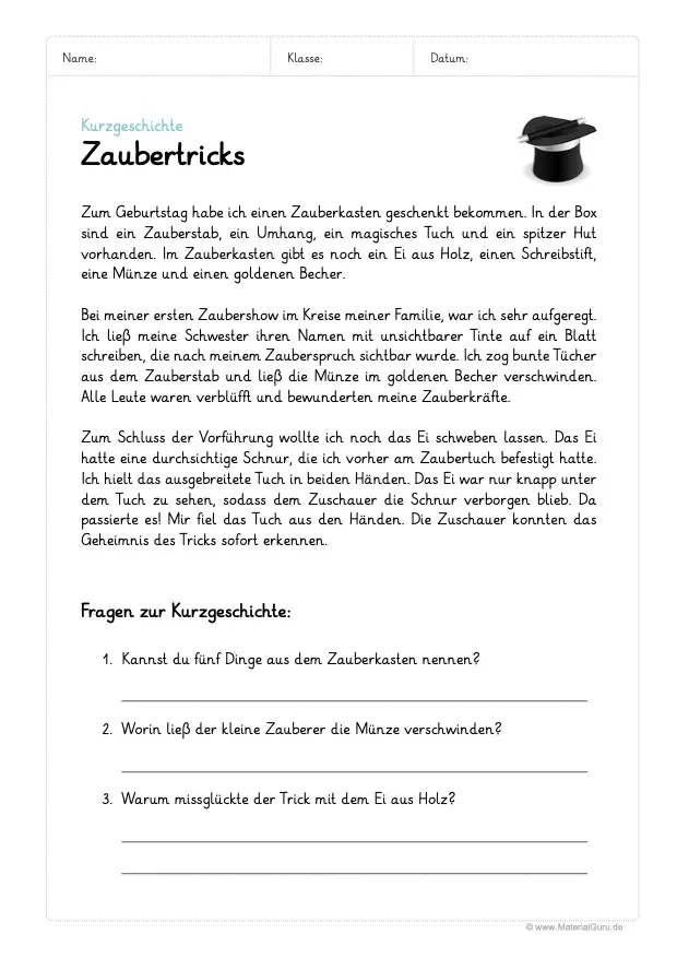 Arbeitsblatt: Kurzgeschichte mit Fragen - Zaubertricks