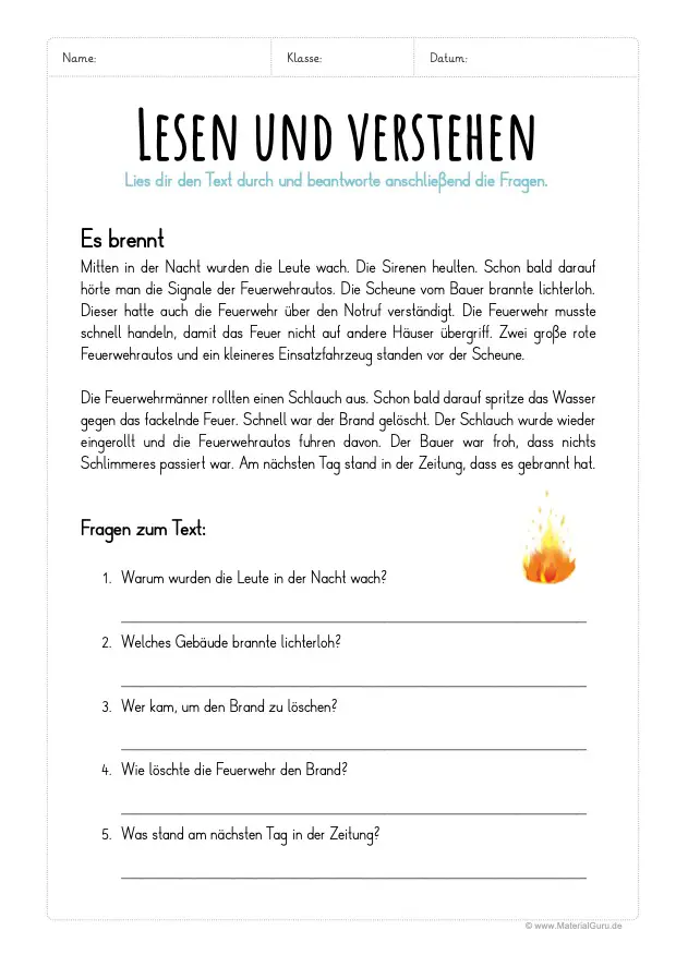 Arbeitsblatt: Lesen und verstehen - Es brennt