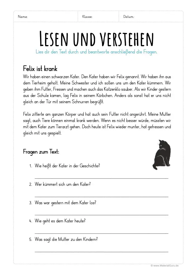 Arbeitsblatt: Lesen und verstehen - Felix ist krank