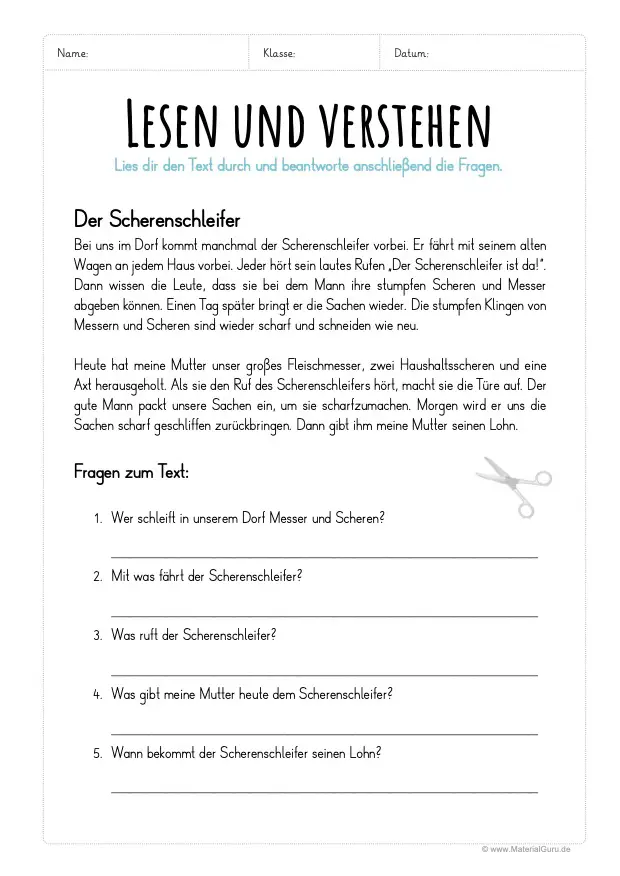 Arbeitsblatt: Lesen und verstehen - Der Scherenschleifer