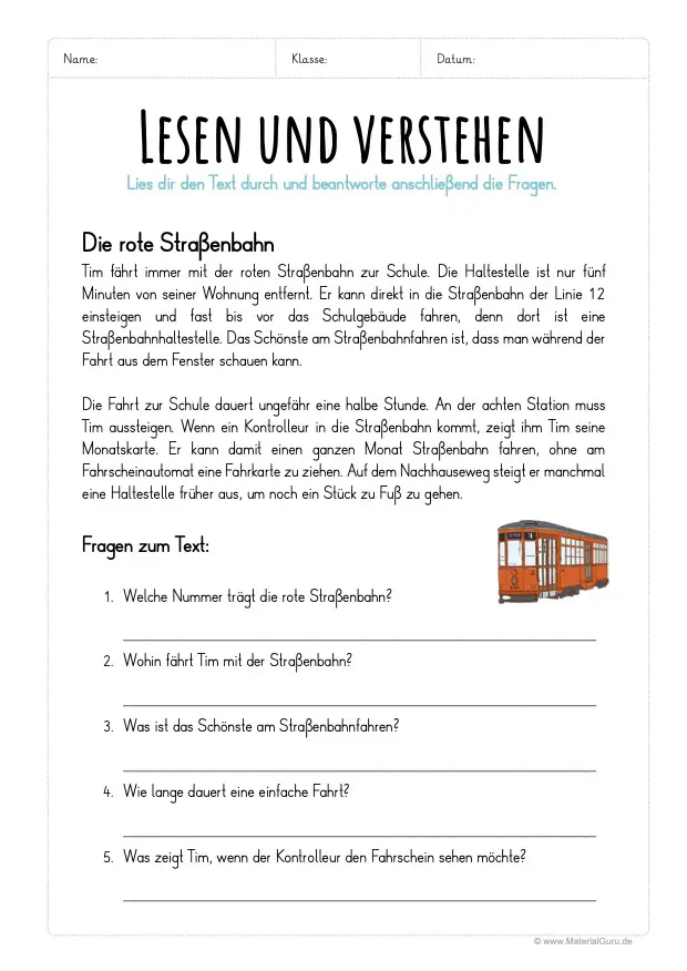 Arbeitsblatt: Lesen und verstehen - Die rote Straßenbahn