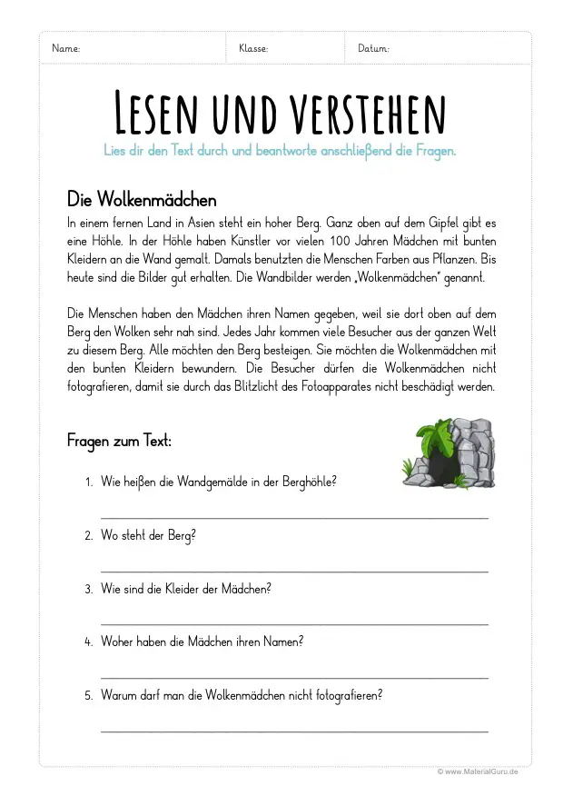 Arbeitsblatt: Lesen und verstehen - Die Wolkenmädchen