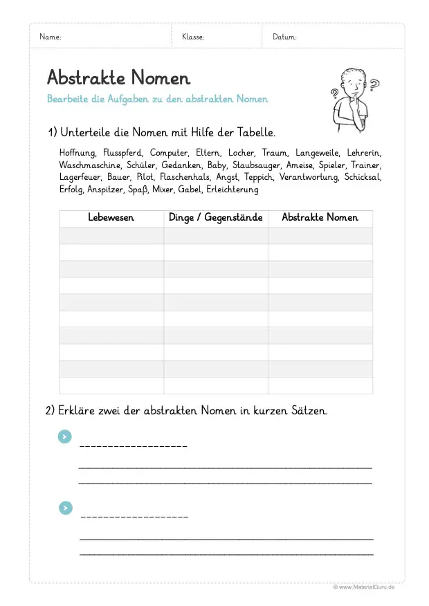 Arbeitsblatt: Abstrakte Nomen in Tabelle unterteilen