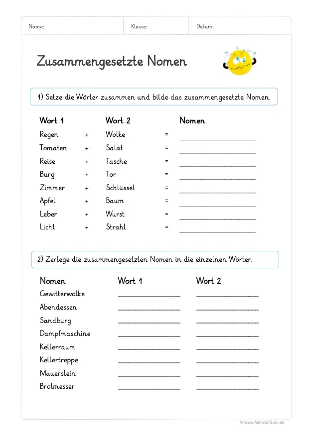 Arbeitsblatt: Zusammengesetzte Nomen - Bilden und Zerlegen