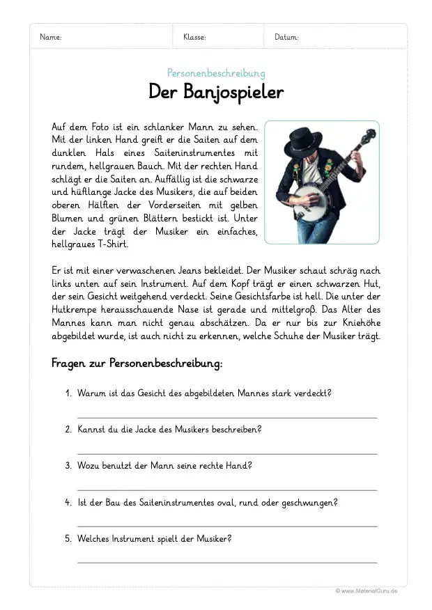 Arbeitsblatt: Beispiel Personenbeschreibung (Banjospieler)