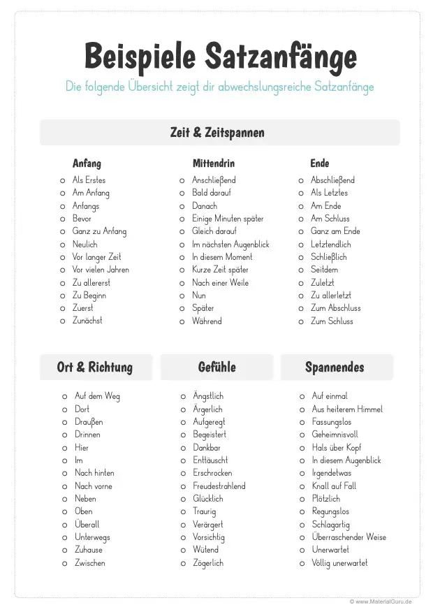 Arbeitsblatt: Überblick Satzanfänge