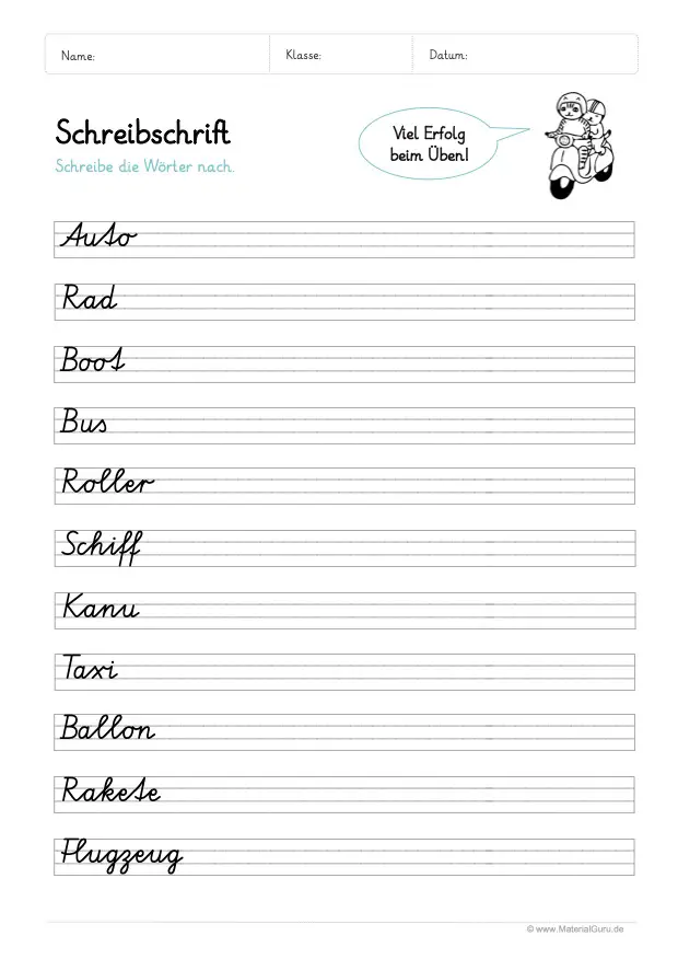 Arbeitsblatt: Schreibschrift - Einfache Wörter schreiben (Fahrzeuge)