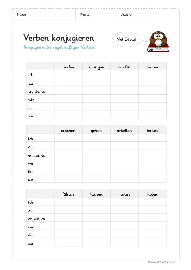 Arbeitsblatt: Regelmäßige Verben konjugieren in drei Tabellen