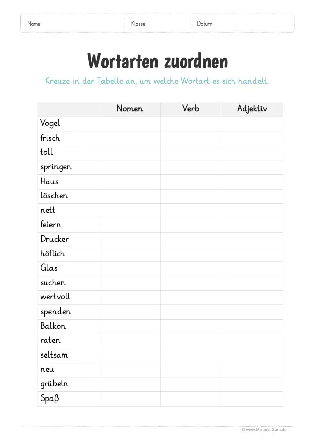 Arbeitsblatt: Wortarten in Tabelle unterteilen