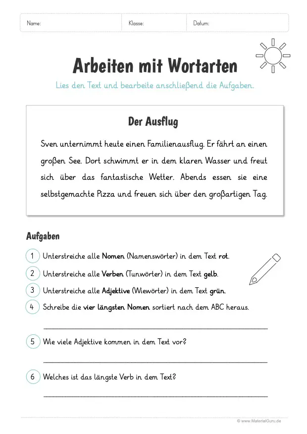 Arbeitsblatt: Textaufgaben zu Wortarten