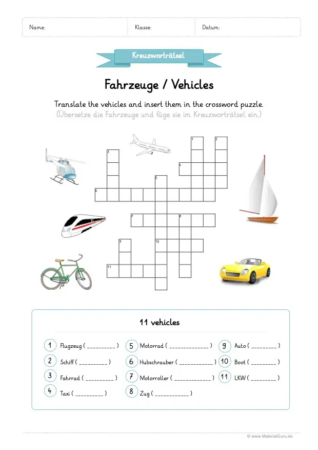 Arbeitsblatt: Kreuzworträtsel Fahrzeuge auf Englisch