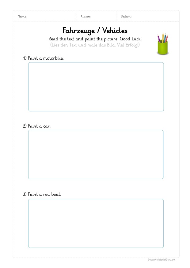 Arbeitsblatt: Fahrzeuge (Lesen und Malen auf Englisch)
