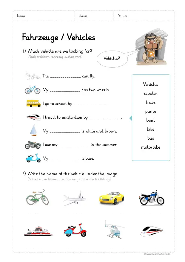 Arbeitsblatt: Sätze zu Fahrzeugen auf Englisch vervollständigen