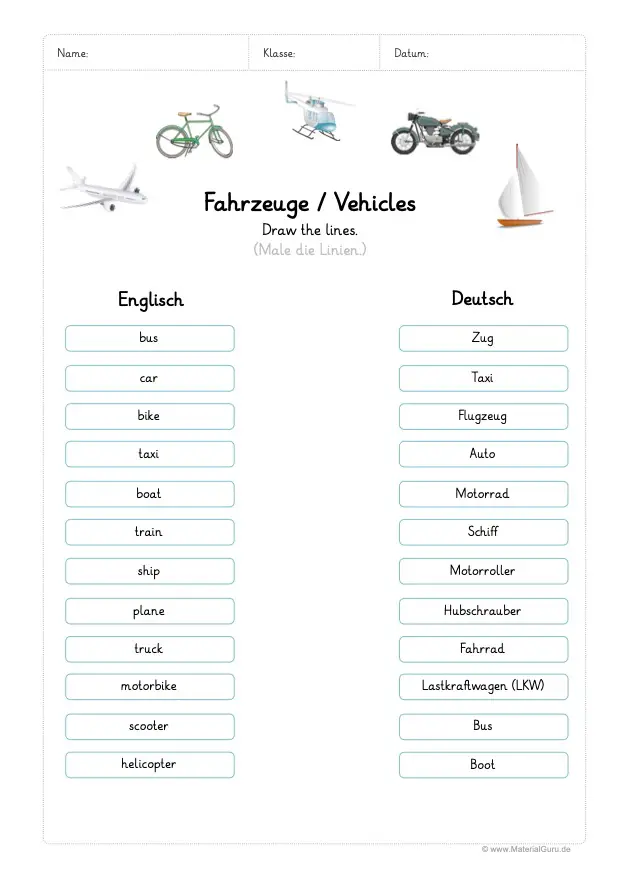 Arbeitsblatt: Fahrzeuge verbinden (Englisch/Deutsch)