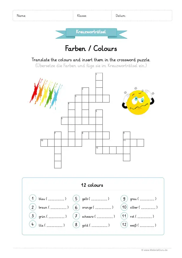 Arbeitsblatt: Kreuzworträtsel Farben auf Englisch