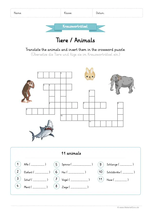 Arbeitsblatt: Kreuzworträtsel Tiere auf Englisch