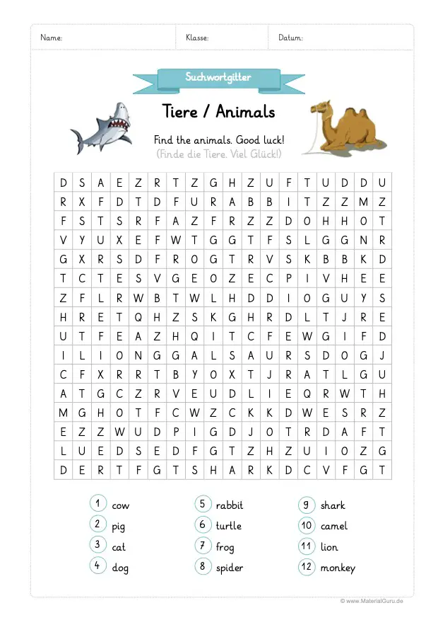 Arbeitsblatt: Tiere auf Englisch in Suchwortgitter finden