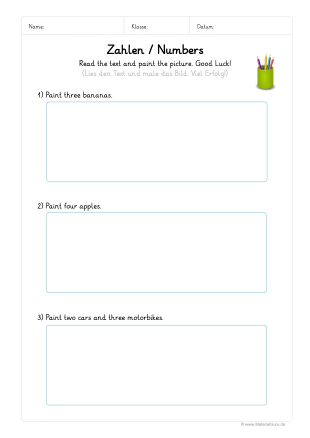 Arbeitsblatt: Zahlen (Lesen und Malen auf Englisch)