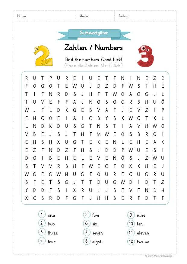 Zahlen Numbers Materialguru