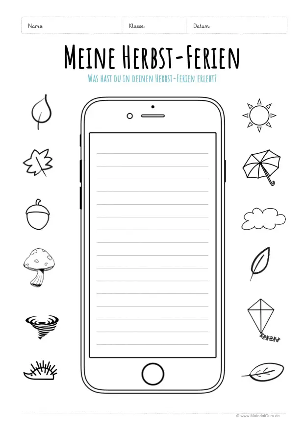 Arbeitsblatt: Herbst-Ferien Erlebnis in Smartphone schreiben