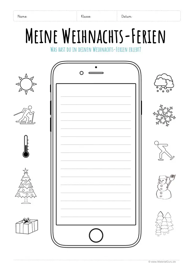 Arbeitsblatt: Weihnachts-Ferien Erlebnis in Smartphone schreiben