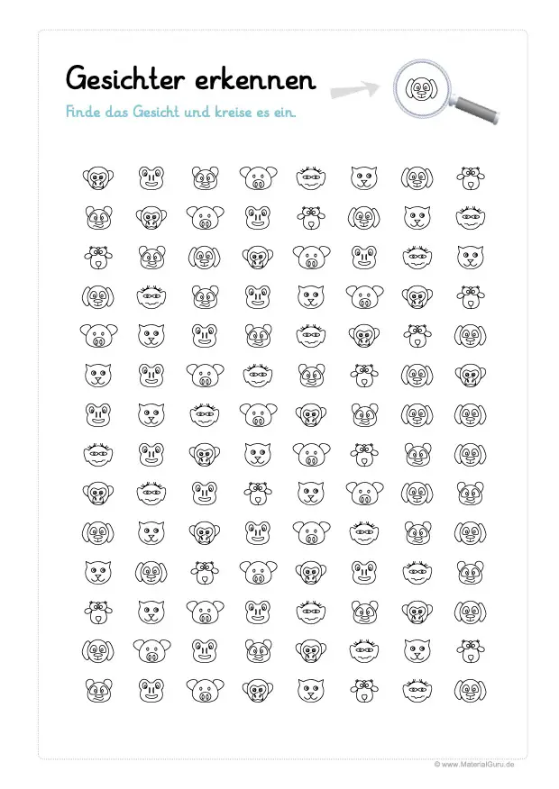 Arbeitsblatt: Konzentrationsübung - Tiergesichter erkennen