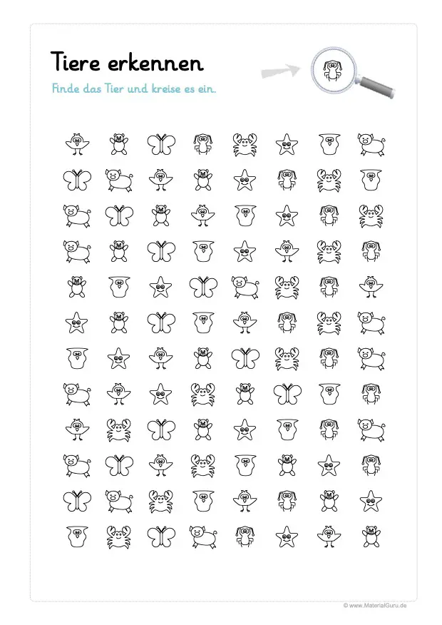 Arbeitsblatt: Konzentrationsübung - Kleintiere erkennen