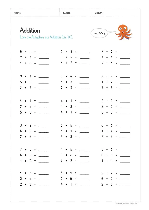 Arbeitsblatt: Addition bis 10 (ohne Zehnerübergang) - Kopfrechnen